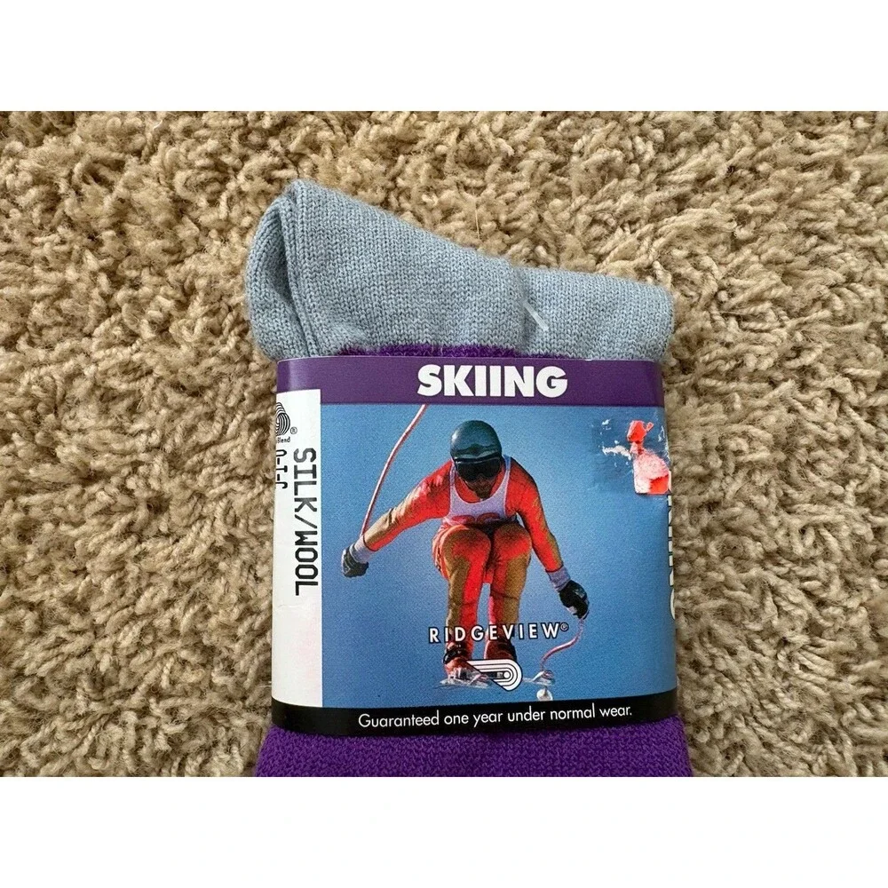 Vtg Ridgeview Silk Wool Blend Skiing Socks Purple Silver Size 8.5-11 USA  NEW!
